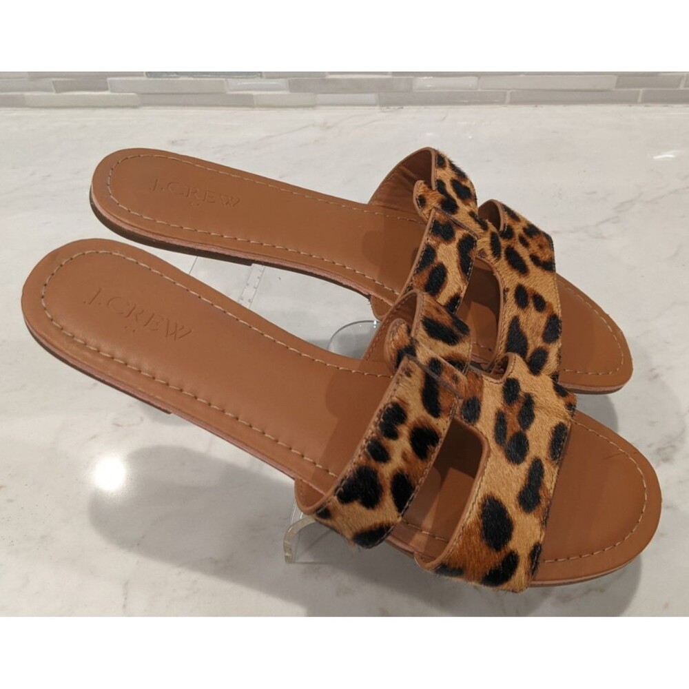 J.CREW Calf Hair Beachside Slip-On Saldals Slides In Leopard Print Size 9 - Picture 8 of 11